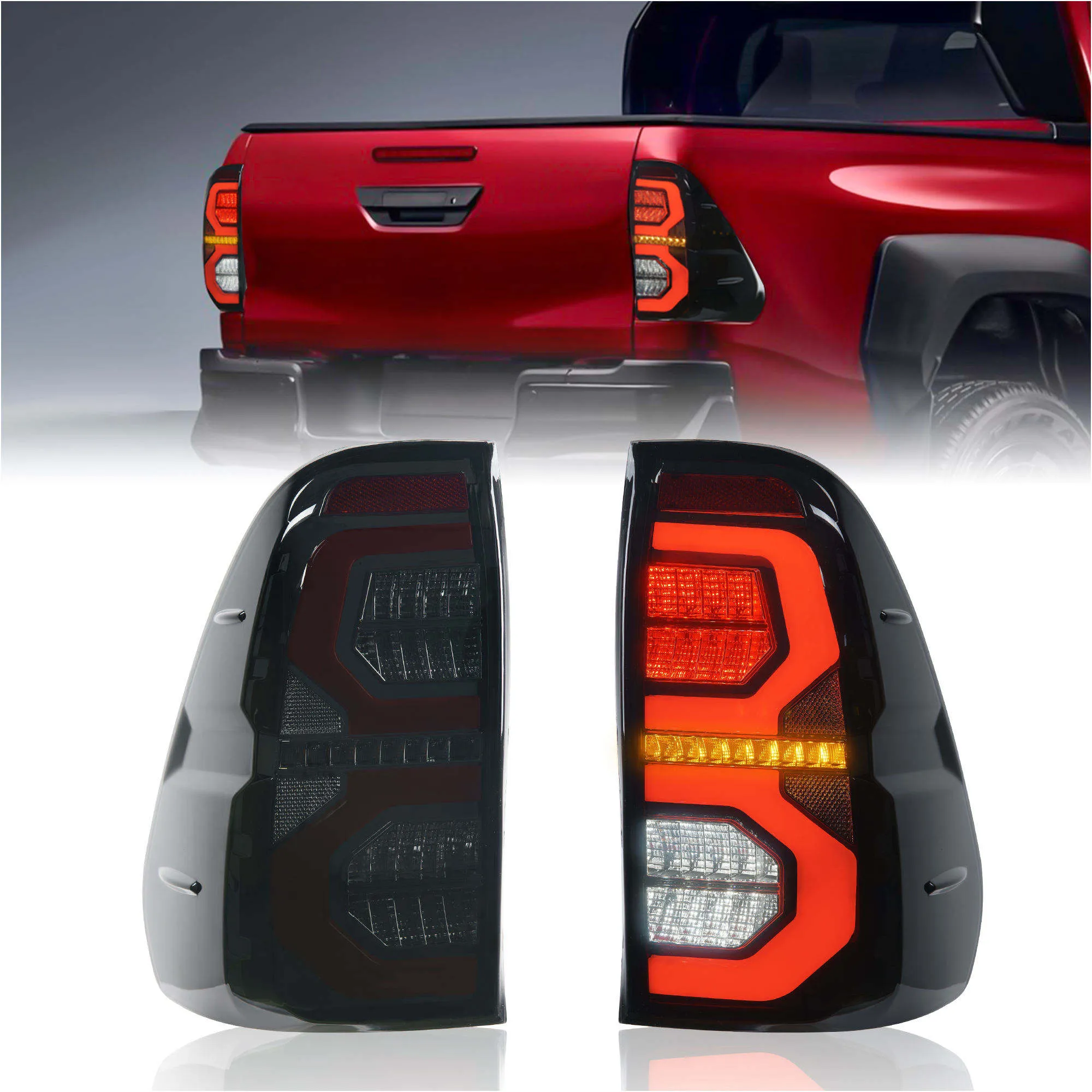 Toyota Hilux Revo LED Taillights, Sequential Turn Signal, Full LED Rear Lamp Assembly, Smoked Lens, Plug & Play, Premium Pickup Upgrade