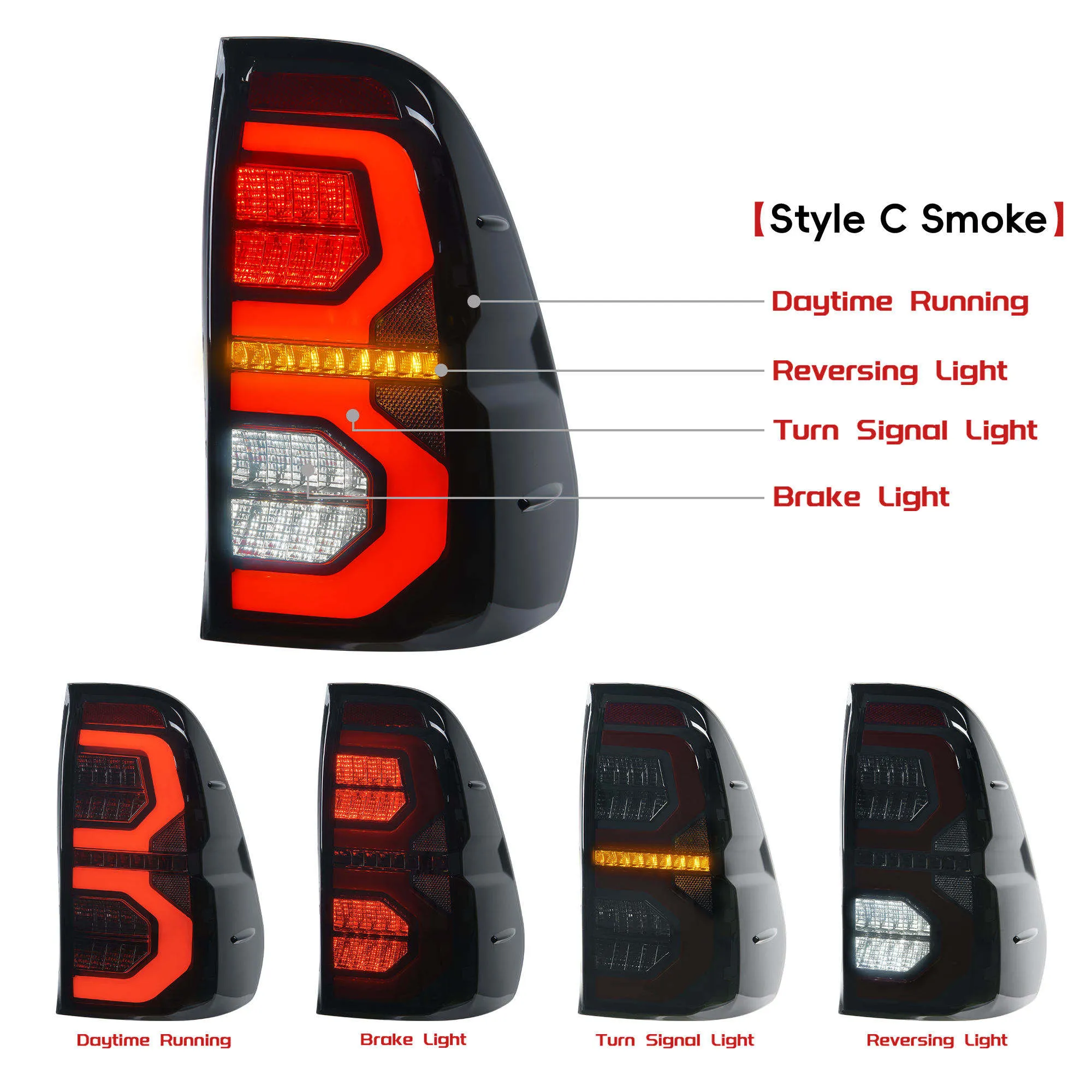 Toyota Hilux Revo LED Taillights, Sequential Turn Signal, Full LED Rear Lamp Assembly, Smoked Lens, Plug & Play, Premium Pickup Upgrade