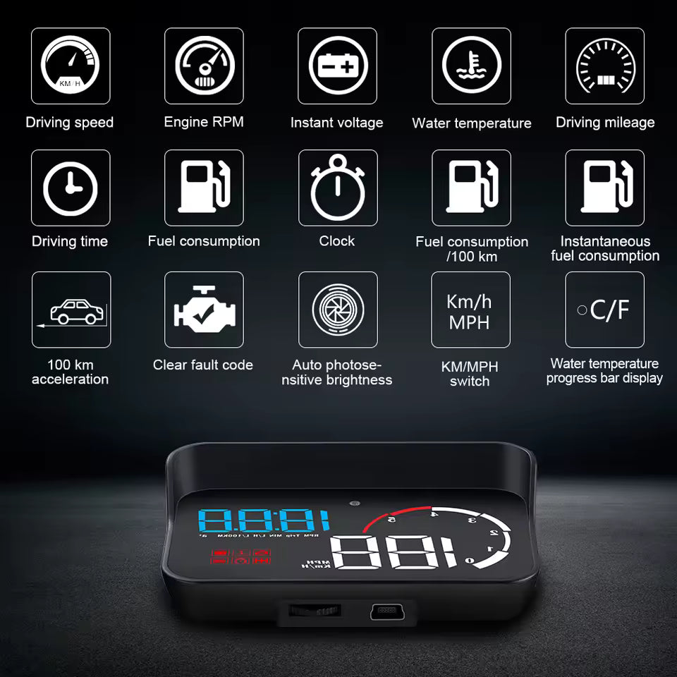 M10 HUD OBD2 Head-Up Display — Real-Time Speed, RPM & Engine Data on Your Windshield