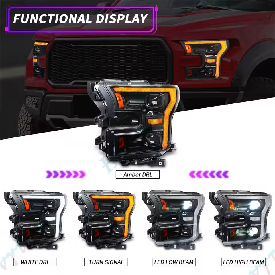 Ford F-150 Raptor LED Headlights with Sequential Turn Signal & DRL — 2015–2017 (Pair)