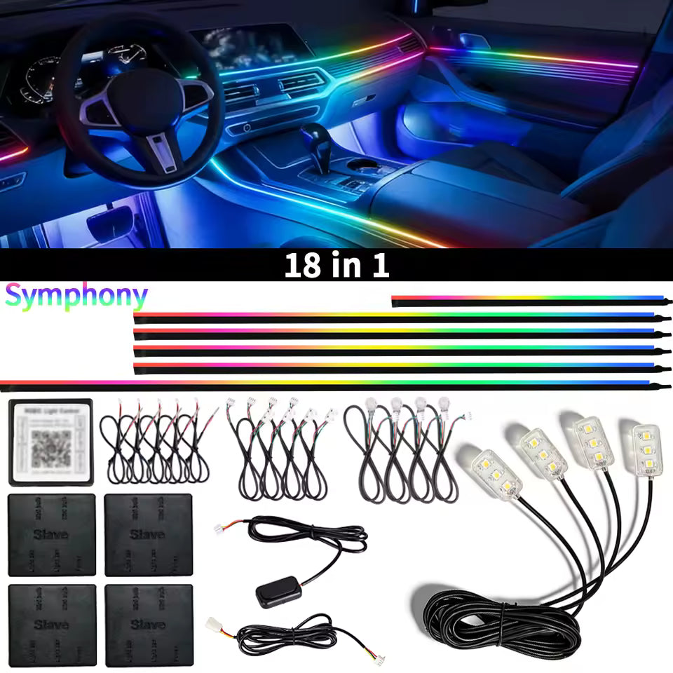 64-Color RGB LED Car Interior Ambient Lighting Kit – Ultra-Thin Acrylic Symphony Light Strip with Smart App & Remote Control | DIY Cutable & Bendable (Universal Fit)