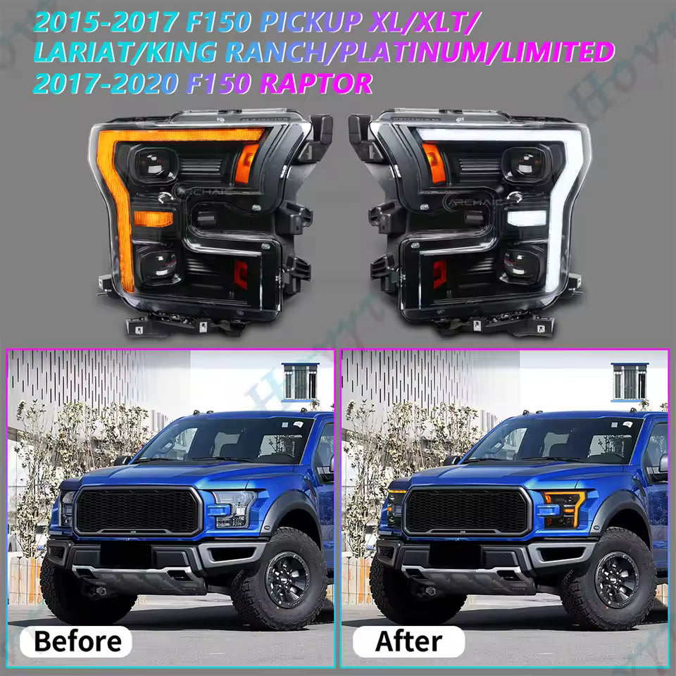 Ford F-150 Raptor LED Headlights with Sequential Turn Signal & DRL — 2015–2017 (Pair)