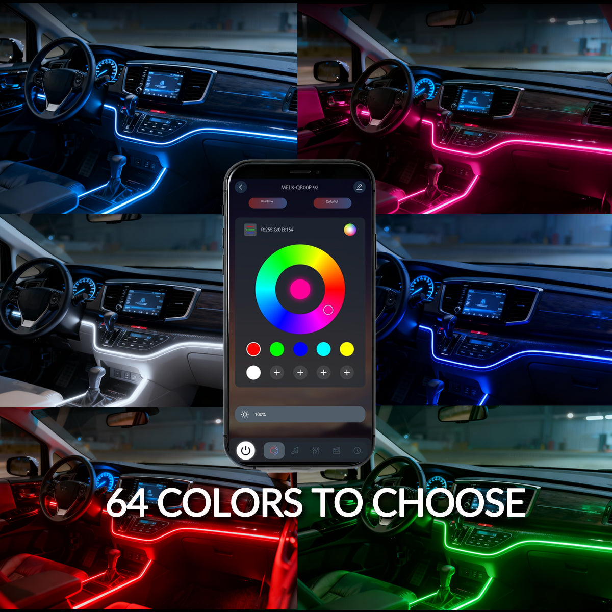 64-Color RGB LED Car Interior Ambient Lighting Kit – Ultra-Thin Acrylic Symphony Light Strip with Smart App & Remote Control | DIY Cutable & Bendable (Universal Fit)