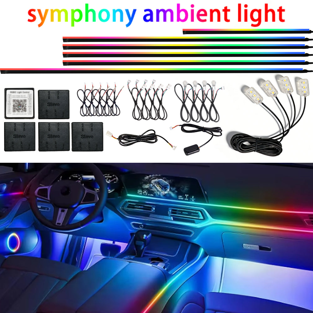 64-Color RGB LED Car Interior Ambient Lighting Kit – Ultra-Thin Acrylic Symphony Light Strip with Smart App & Remote Control | DIY Cutable & Bendable (Universal Fit)