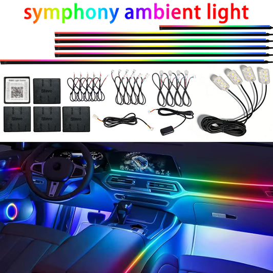 64-Color RGB LED Car Interior Ambient Lighting Kit – Ultra-Thin Acrylic Symphony Light Strip with Smart App & Remote Control | DIY Cutable & Bendable (Universal Fit)