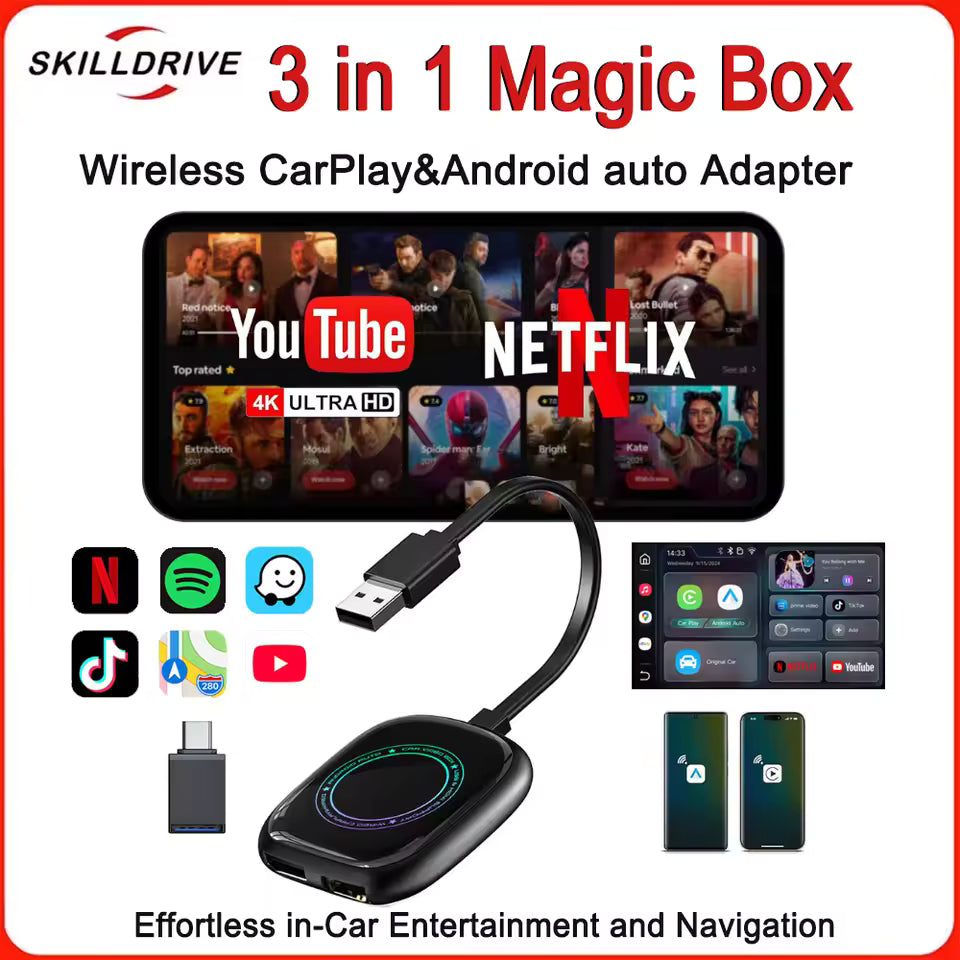3-in-1 Wireless CarPlay & Android Auto Adapter – Wireless AI Magic Box with Built-in Netflix, YouTube & TikTok | Zero-Lag Dual-Chipset (Plug & Play)