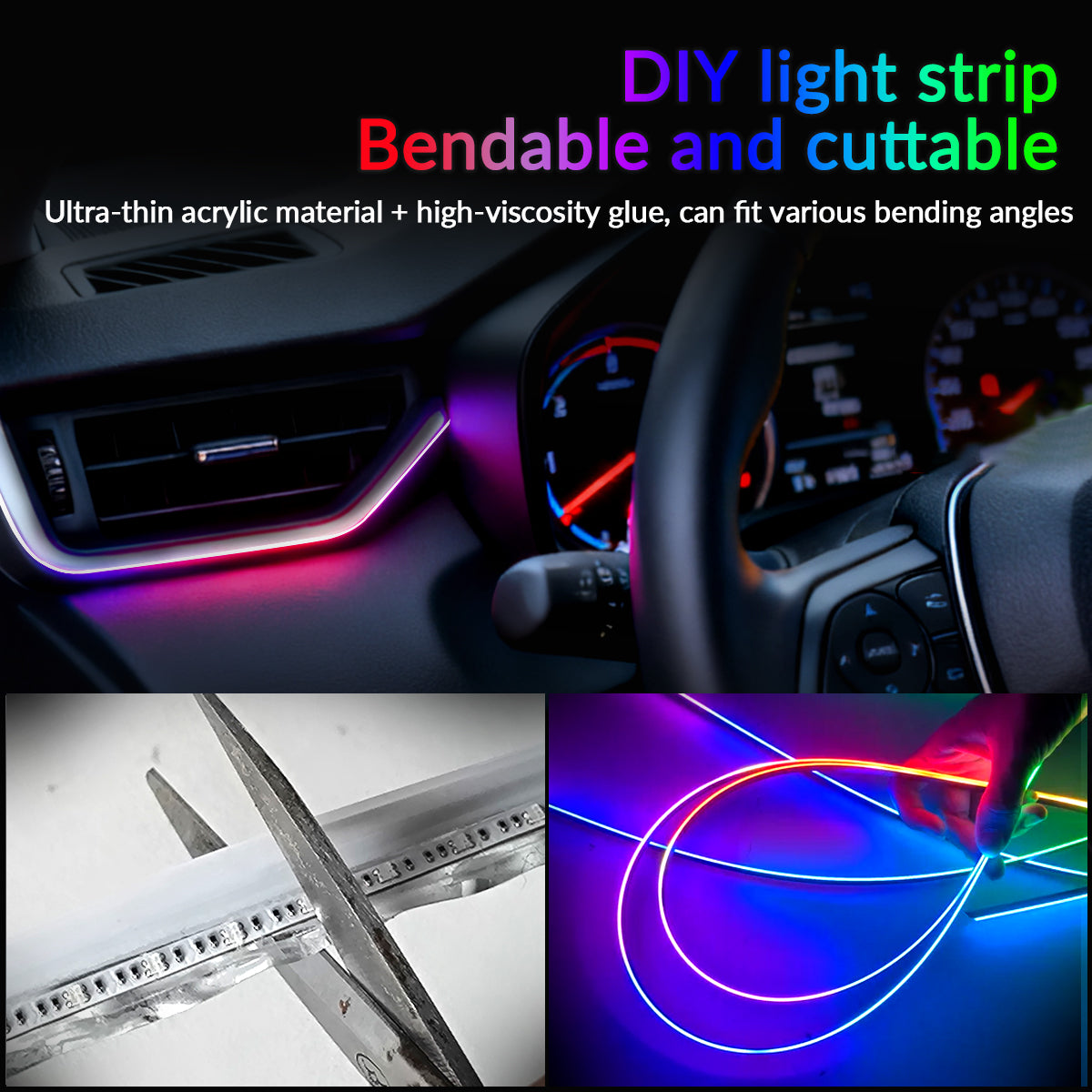 64-Color RGB LED Car Interior Ambient Lighting Kit – Ultra-Thin Acrylic Symphony Light Strip with Smart App & Remote Control | DIY Cutable & Bendable (Universal Fit)